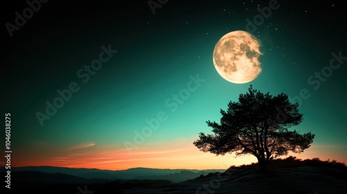 A solitary tree stands silhouetted against the backdrop of a vivid night sky, illuminated by a large, bright moon, creating a serene and surreal landscape view.