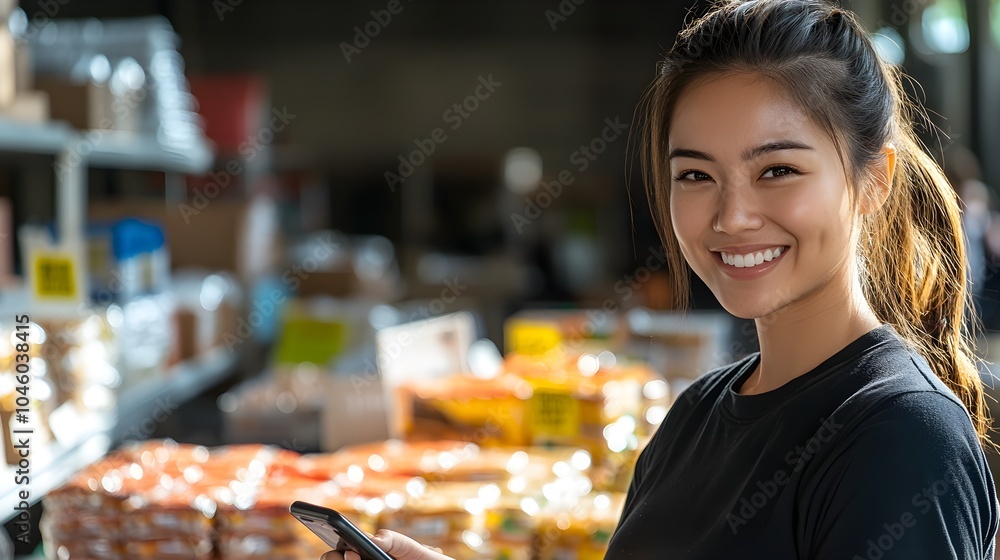 Fototapeta premium Smiling young Asian woman checking inventory on her phone at a food donation stand, with rows of goods behind her, a lively community gathering atmosphere