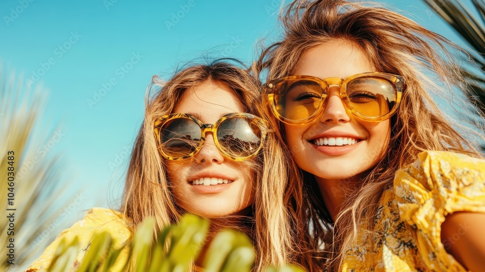 Sunny and carefree, two young women in matching sunglasses are captured in a joyful moment, showcasing friendship and summer fun under a clear blue sky. Sunny and carefree, two young women in matching sunglasses are captured in a joyful moment, showcasing friendship and summer fun under a clear blue sky.