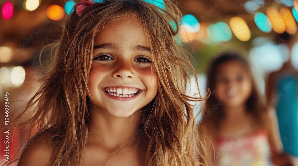 A young girl, glowing with happiness, showcases a vibrant smile surrounded by colorful festive lights, embodying the innocence and joy of childhood celebrations. A young girl, glowing with happiness, showcases a vibrant smile surrounded by colorful festive lights, embodying the innocence and joy of childhood celebrations.