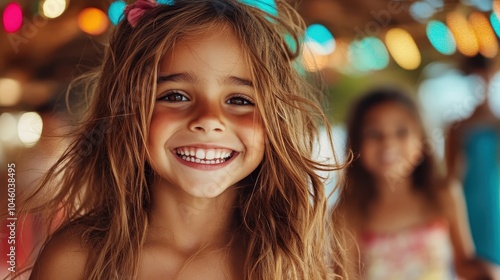 A young girl, glowing with happiness, showcases a vibrant smile surrounded by colorful festive lights, embodying the innocence and joy of childhood celebrations.