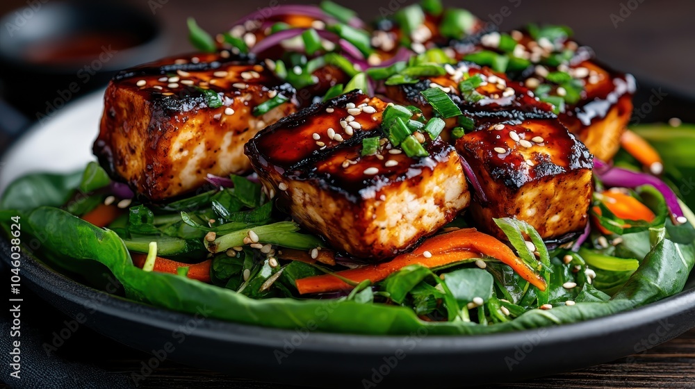 A plate of grilled tofu coated in a sticky sauce sits on vibrant greens, topped with sesame seeds and chopped green onions, evoking healthy eating and flavor balance. A plate of grilled tofu coated in a sticky sauce sits on vibrant greens, topped with sesame seeds and chopped green onions, evoking healthy eating and flavor balance.