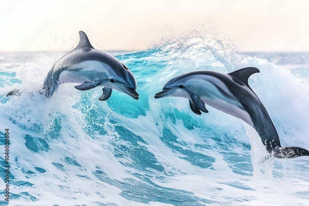 Fototapeta premium Playful dolphins jumping in and out pastel-colored waves