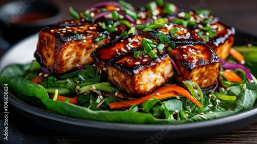 A plate of grilled tofu coated in a sticky sauce sits on vibrant greens, topped with sesame seeds and chopped green onions, evoking healthy eating and flavor balance.