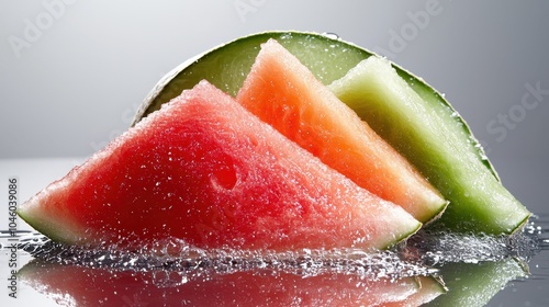 Three slices of fresh watermelon in red, orange, and green hues are presented on a glossy surface, capturing the essence of summertime refreshments. photo