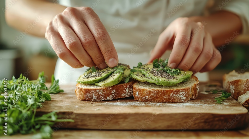 Detail of hands arranging fresh avocado slices on toasted bread with herbs sprinkled on a wooden board, showcasing artistry and healthful food preparation. Detail of hands arranging fresh avocado slices on toasted bread with herbs sprinkled on a wooden board, showcasing artistry and healthful food preparation.