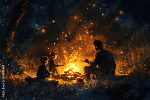 Two people sitting around a campfire at night, sharing stories and laughing, surrounded by darkness with the warm glow of the fire illuminating their faces.