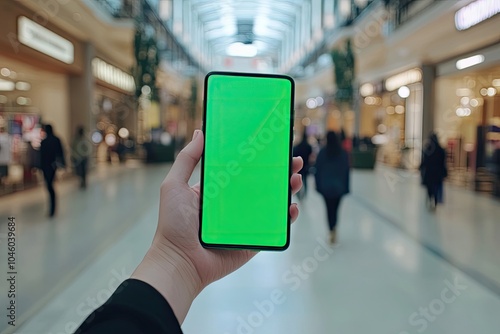 Wallpaper Mural Person’s hand showing a phone with green screen while walking through a shopping mall Torontodigital.ca