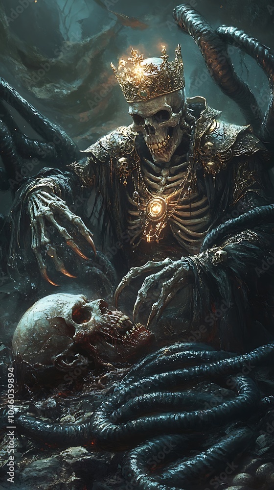 Fototapeta premium Dark Fantasy Ruler Skeleton King With Crown and Evil Skull Picture