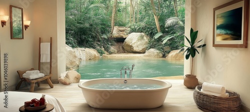 Luxurious indoor outdoor bathroom with freestanding tub and rainforest view. Interior design. photo