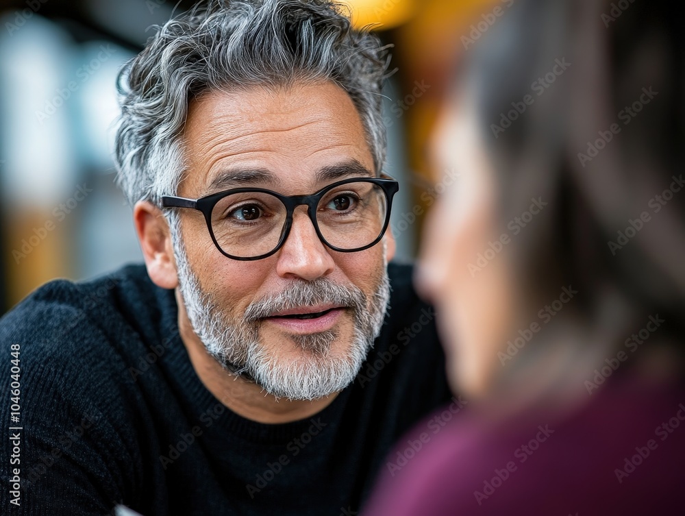 A cheerful middle-aged man with gray hair and glasses is leaning forward, engaged in an animated conversation, adding warmth and friendliness to the scene. A cheerful middle-aged man with gray hair and glasses is leaning forward, engaged in an animated conversation, adding warmth and friendliness to the scene.