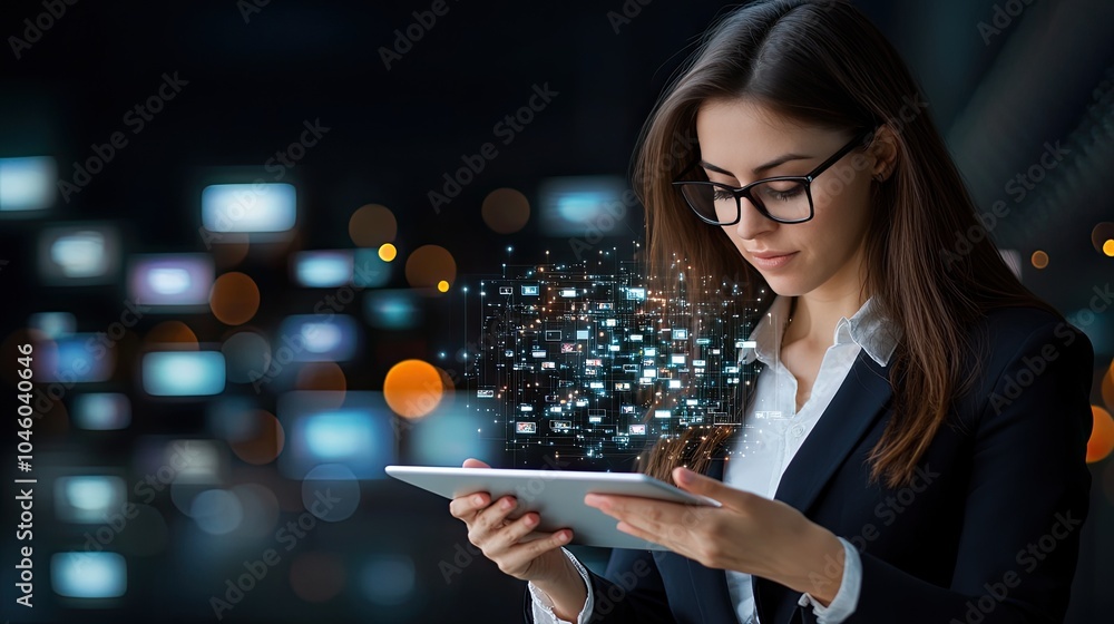 A businesswoman uses a tablet and smartphone to manage virtual media and social content displayed as holograms in a digital space A businesswoman uses a tablet and smartphone to manage virtual media and social content displayed as holograms in a digital space