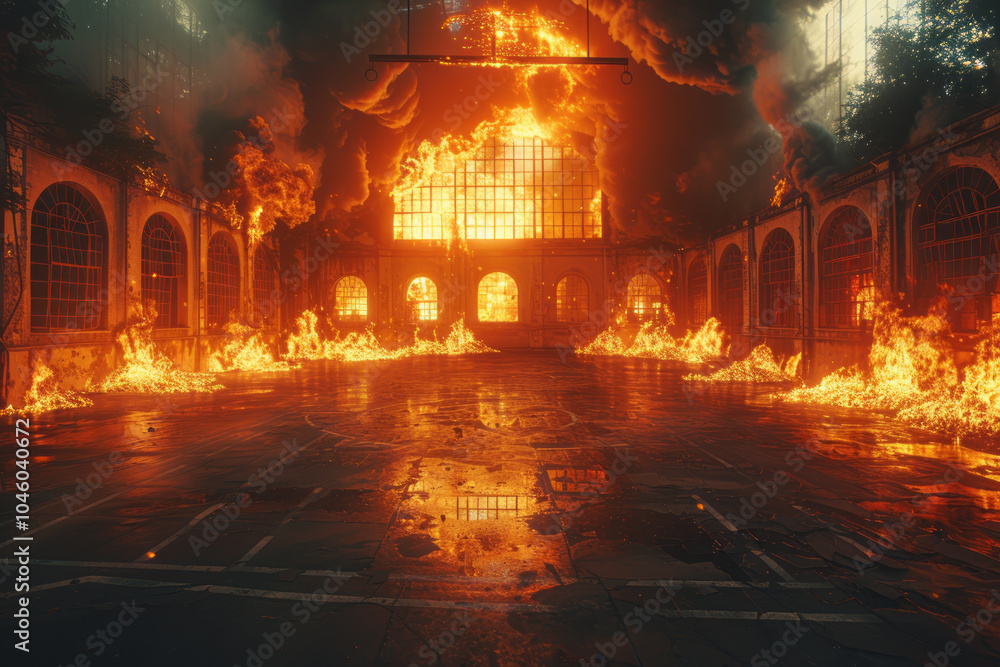 Indoor scenery basketball court on fire. Generative AI Indoor scenery basketball court on fire. Generative AI