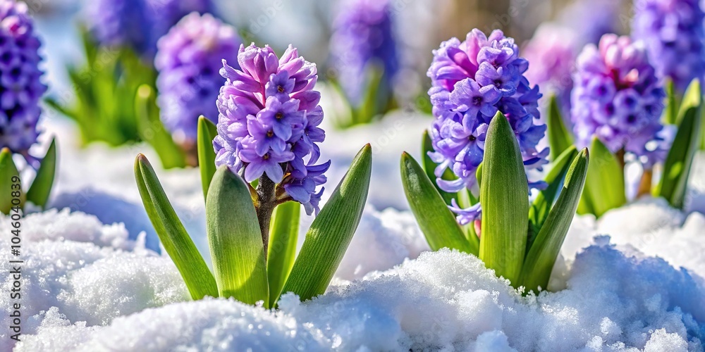 Obraz premium Spring hyacinth flowers covered in late snow in April