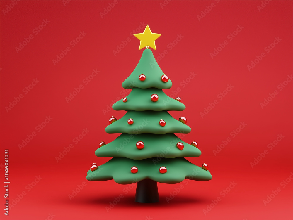 3D Cartoon Christmas Tree on Red Background 3D Cartoon Christmas Tree on Red Background