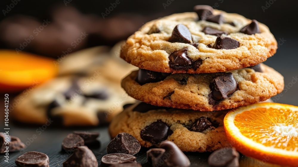 Three mouthwatering chocolate chip cookies are displayed alongside juicy orange slices, creating an attractive fusion of sweetness and freshness on a dark surface. Three mouthwatering chocolate chip cookies are displayed alongside juicy orange slices, creating an attractive fusion of sweetness and freshness on a dark surface.
