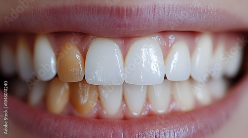 Close-up side-by-side shot of teeth before and after whitening treatment, showcasing the transformation from dull and stained to visibly whiter teeth photo