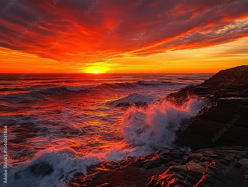 Vibrant orange and red sunset over a rocky coastline with waves crashing Vibrant orange and red sunset over a rocky coastline with waves crashing