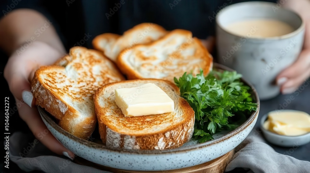 A close-up of a plate holding slices of toasted bread topped with a pat of butter, garnished with fresh parsley, next to a cup of creamy coffee in a cozy breakfast setting. A close-up of a plate holding slices of toasted bread topped with a pat of butter, garnished with fresh parsley, next to a cup of creamy coffee in a cozy breakfast setting.