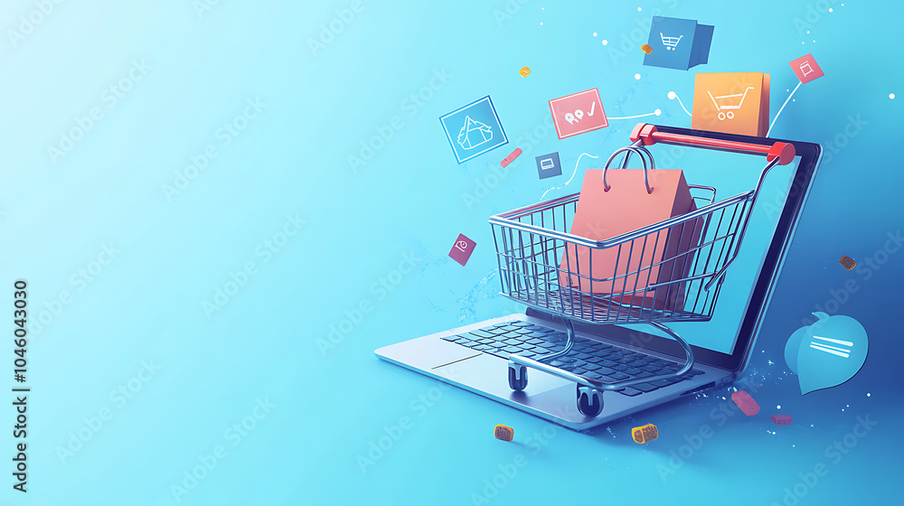 Illustration of shopping cart and laptop soft blue background online stores concept Illustration of shopping cart and laptop soft blue background online stores concept