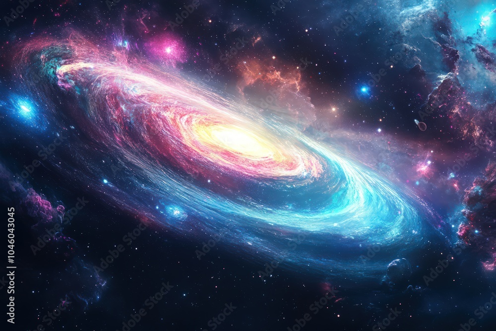 Fototapeta premium Cosmic space scene with swirling galaxies and neon hues