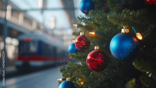 A beatifully decorated Christmas tree with red and blue ornaments in a train station, with a train in the background photo