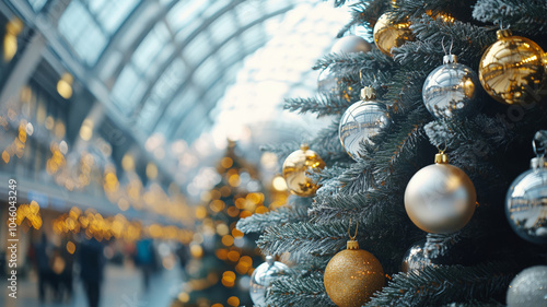 A beatifully decorated Christmas tree with golden and silver ornaments in a train station photo