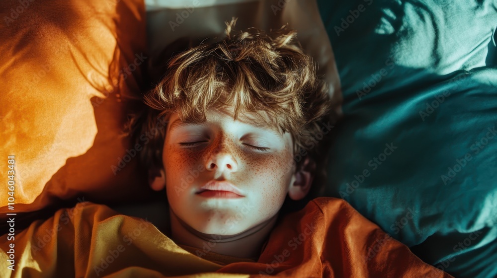A young boy rests quietly, enveloped by vibrant sunlight and colorful pillows, portraying a sense of tranquility and warmth in a cozy bedroom setting. A young boy rests quietly, enveloped by vibrant sunlight and colorful pillows, portraying a sense of tranquility and warmth in a cozy bedroom setting.