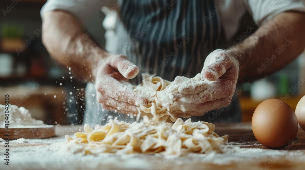 A chef expertly kneads fresh pasta on a floured surface, demonstrating skill and precision against a backdrop of culinary tools and ingredients, capturing artisanal craft. A chef expertly kneads fresh pasta on a floured surface, demonstrating skill and precision against a backdrop of culinary tools and ingredients, capturing artisanal craft.
