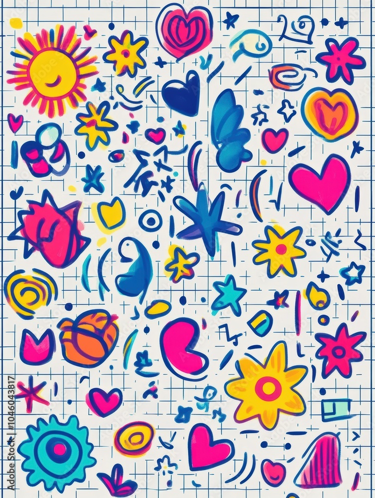 A lively collection of doodles featuring hearts, stars, arrows, and flowers on a grid background brings joy and creativity to anyone's day. Generative AI A lively collection of doodles featuring hearts, stars, arrows, and flowers on a grid background brings joy and creativity to anyone's day. Generative AI