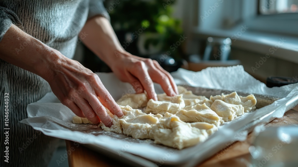 An individual works with dough on a parchment-lined tray, the kitchen bathed in soft natural light, creating a cozy, homey atmosphere that emphasizes craftsmanship. An individual works with dough on a parchment-lined tray, the kitchen bathed in soft natural light, creating a cozy, homey atmosphere that emphasizes craftsmanship.