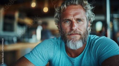 A casual portrait of a confident man with a styled beard, sitting in a modern, warmly lit restaurant, conveying a sense of relaxed self-assurance and approachability.