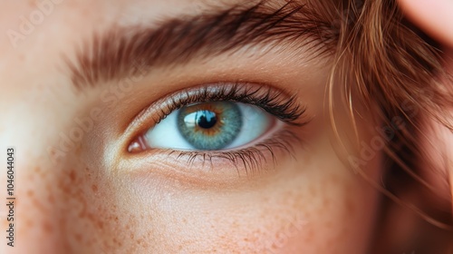 A detailed close-up image of a human eye with blue iris, framed by light brown eyelashes and surrounded by fair skin with freckles, exemplifying human beauty.