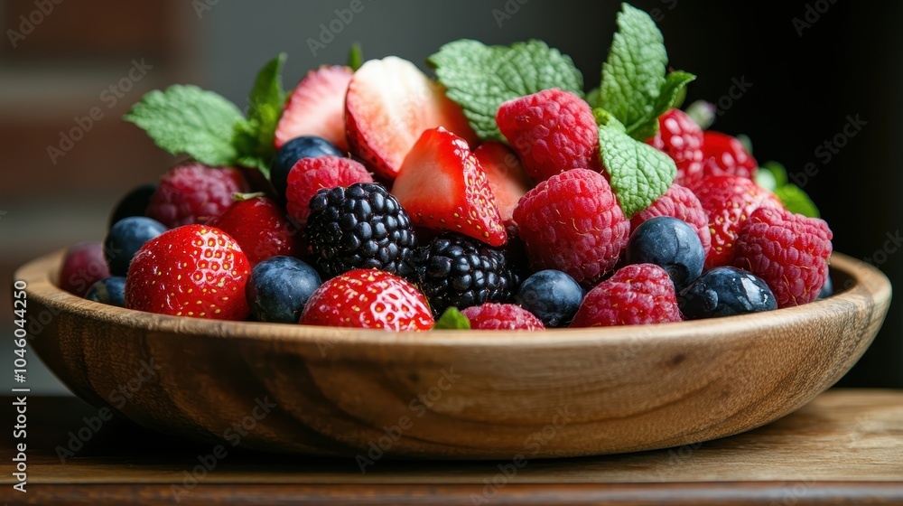 A beautiful collection of mixed berries including strawberries, raspberries, blueberries, and blackberries, elegantly garnished with mint leaves, on a wooden surface. A beautiful collection of mixed berries including strawberries, raspberries, blueberries, and blackberries, elegantly garnished with mint leaves, on a wooden surface.