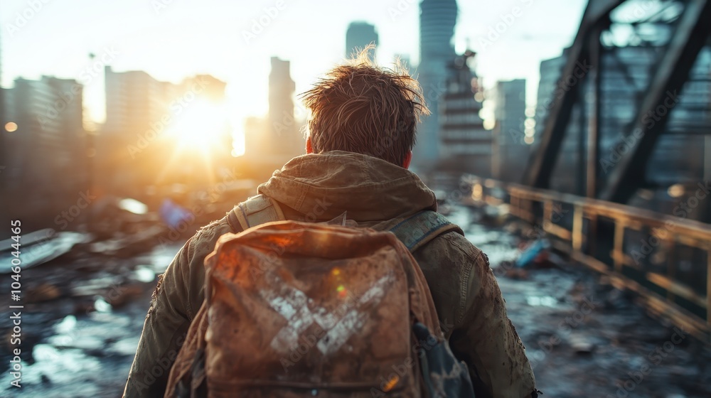 A solitary man with a rugged backpack walks through a post-apocalyptic cityscape as the sun rises, casting a warm glow over the deserted urban scene. A solitary man with a rugged backpack walks through a post-apocalyptic cityscape as the sun rises, casting a warm glow over the deserted urban scene.