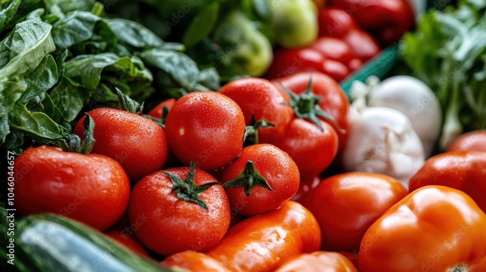 A close-up image showcasing ripe tomatoes, greens, and a variety of other vegetables with highlighted freshness, natural texture, and vivid colors. A close-up image showcasing ripe tomatoes, greens, and a variety of other vegetables with highlighted freshness, natural texture, and vivid colors.