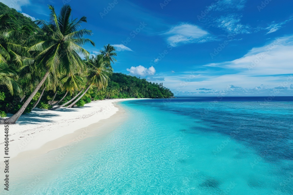 Deep turquoise blue wallpaper with a tropical beach scene and palm trees Deep turquoise blue wallpaper with a tropical beach scene and palm trees