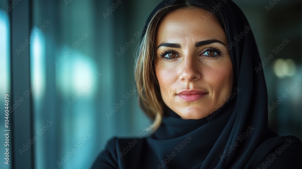 A confident woman wearing a black hijab and standing by a large window, exuding determination and grace, her expression reflecting strength and integrity. A confident woman wearing a black hijab and standing by a large window, exuding determination and grace, her expression reflecting strength and integrity.