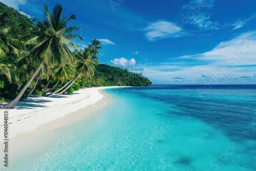 Deep turquoise blue wallpaper with a tropical beach scene and palm trees