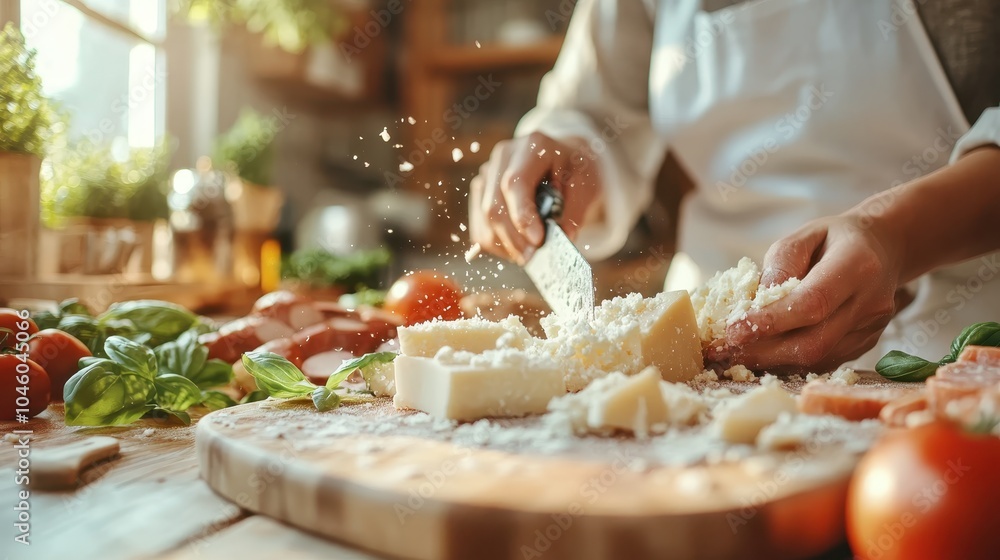 In a rustic kitchen setting, a person slices cheese with precision on a wooden board, surrounded by fresh ingredients, evoking warmth and culinary passion. In a rustic kitchen setting, a person slices cheese with precision on a wooden board, surrounded by fresh ingredients, evoking warmth and culinary passion.