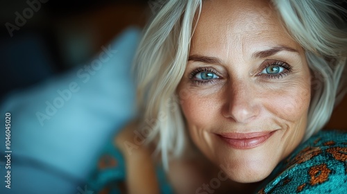 A striking close-up portrait of a woman with silver hair who smiles warmly, conveying a sense of grace and contentment through her expressive eyes and gentle demeanor. photo