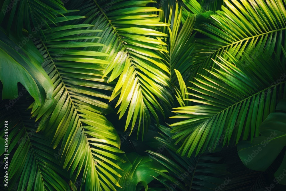 Green tropical palm leaves with a vibrant, sunlit effect Green tropical palm leaves with a vibrant, sunlit effect