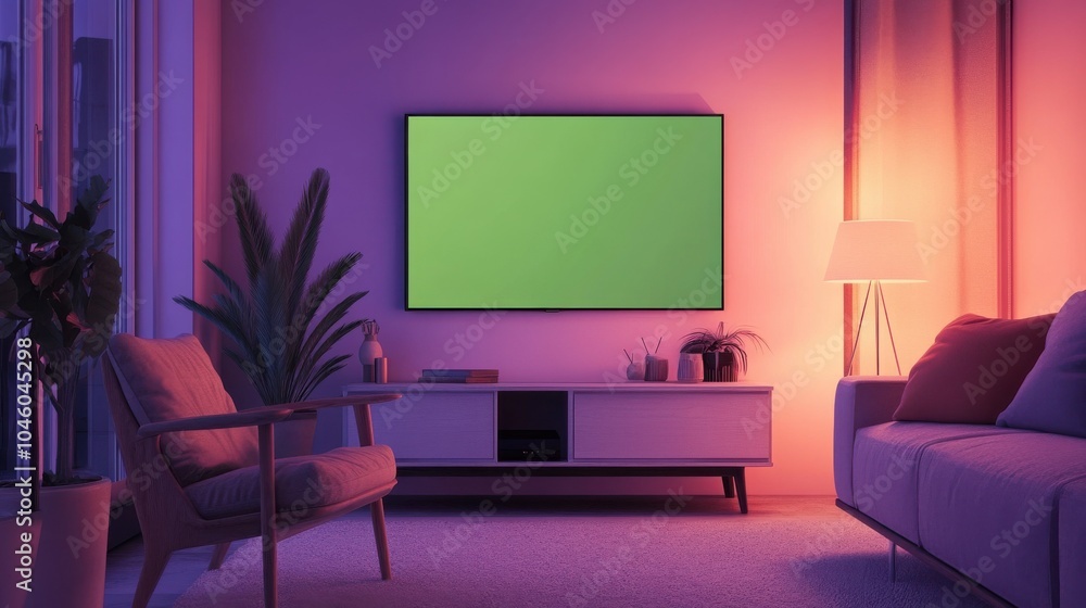 Shot of a TV with Horizontal Green Screen Mock Up. Cozy Evening Living Room with a Chair and Lamps Turned On at Home. Shot of a TV with Horizontal Green Screen Mock Up. Cozy Evening Living Room with a Chair and Lamps Turned On at Home.