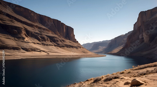 Breathtaking Desert Canyon Landscape with Towering Sandstone Cliffs and a Serene River Winding Through a Remote and Rugged Terrain