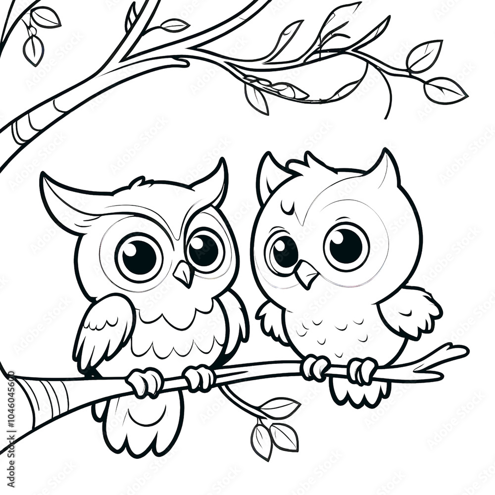 Fototapeta premium Adorable Baby Owls on Branch - Cute Forest Birds Coloring Page
