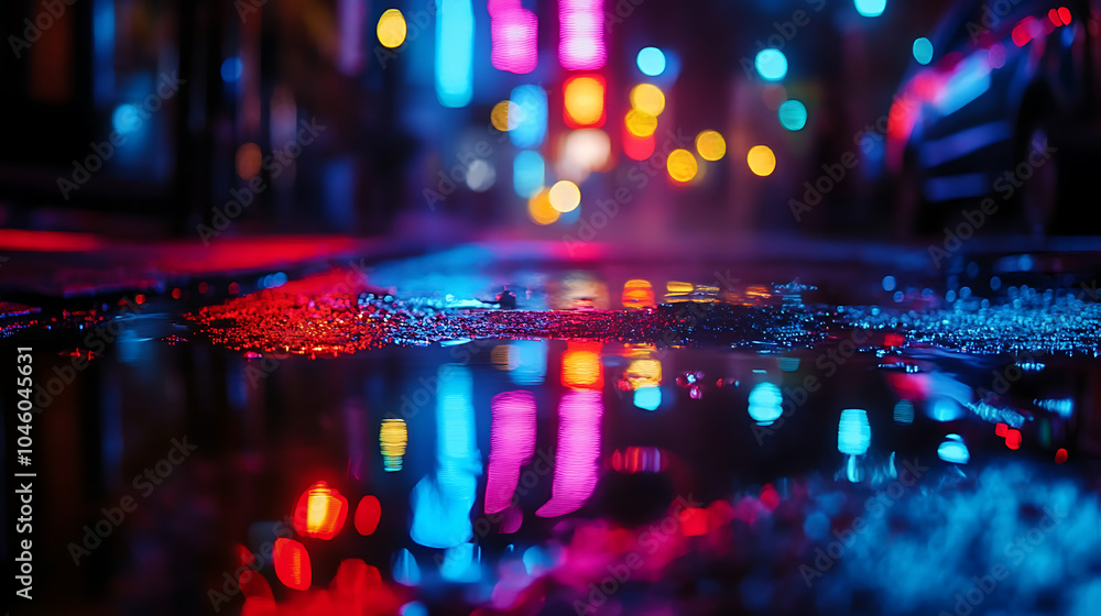Multi colored neon lights on a dark city street reflection of neon light in puddles and water Abstract night background blurred bokeh light Night view colorful Multi colored neon lights on a dark city street reflection of neon light in puddles and water Abstract night background blurred bokeh light Night view colorful