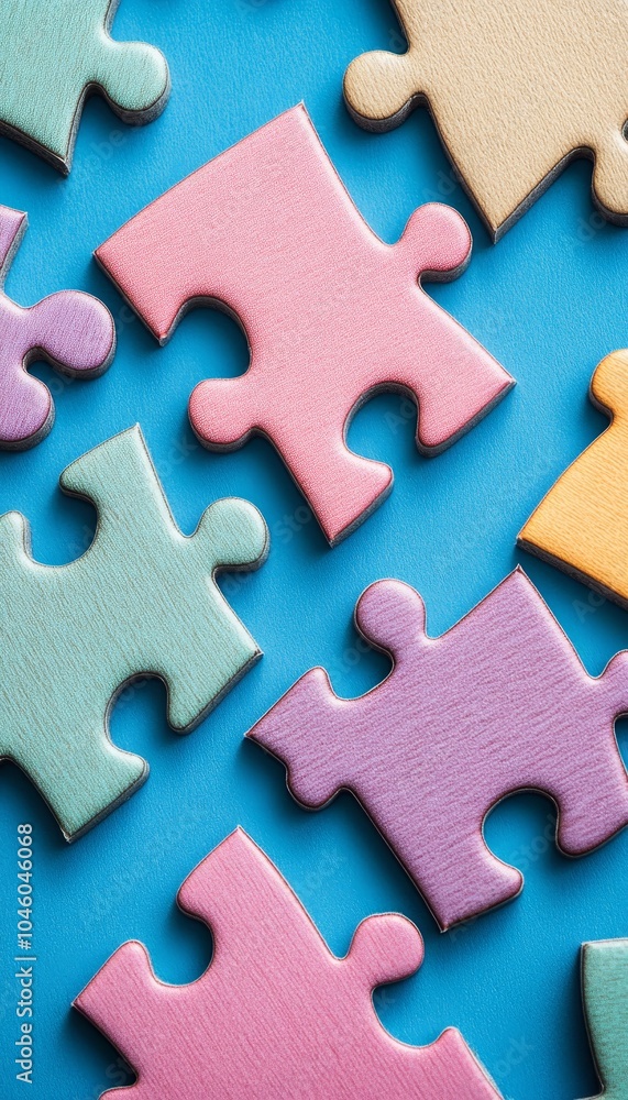 Fototapeta premium Pastel Puzzle Pieces on Blue Background, Teamwork, Problem-Solving Concept. High Angle View