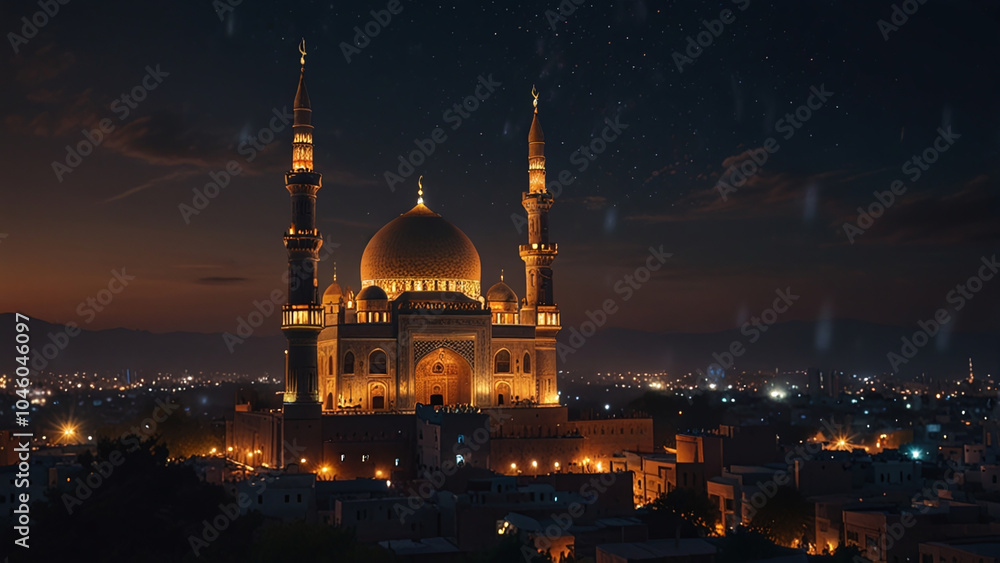 Fototapeta premium Majestic Mosque at Sunset Overlooking Modern Cityscape, Ideal for Eid ul-Fitr Celebrations, Islamic Architecture Campaigns, Religious Event Promotions, Travel Brochures, and Cultural Heritage Advertis