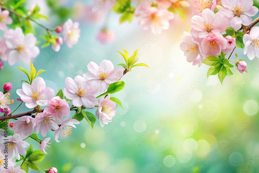 Spring themed background with pastel flowers and green leaves Spring themed background with pastel flowers and green leaves