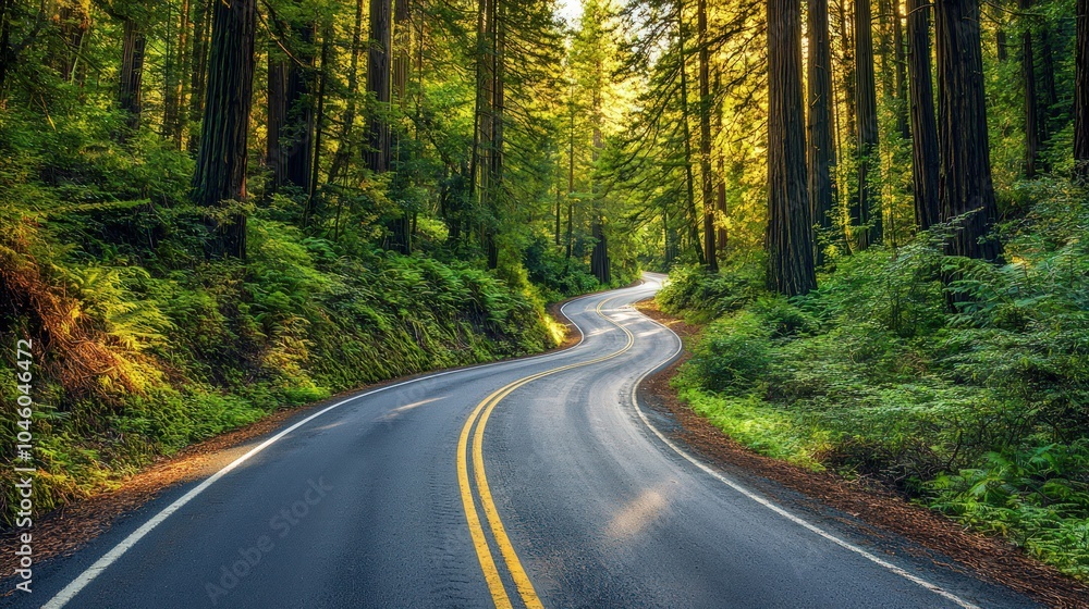 Obraz premium Scenic road in Redwood National Forest with vibrant greenery, panoramic view